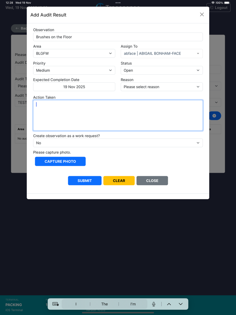 Audit Action Being Recorded in Tracesense